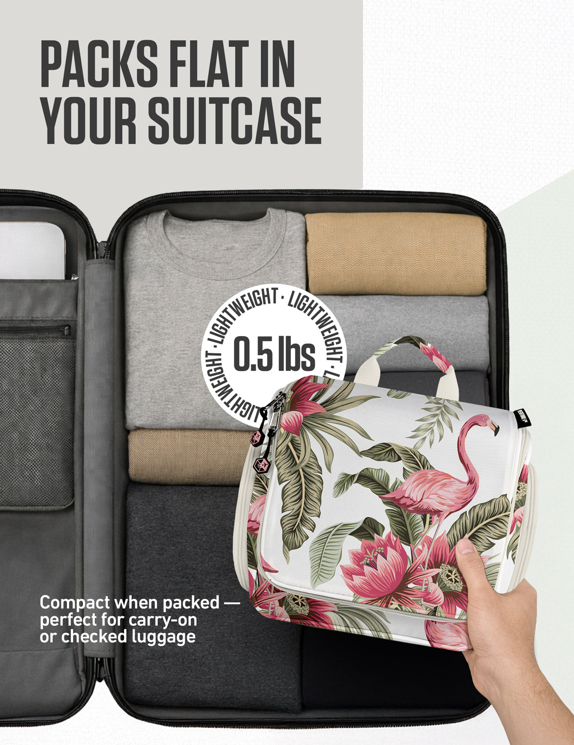 Floral hanging toiletry bag packed in a suitcase with front mesh organizer panel