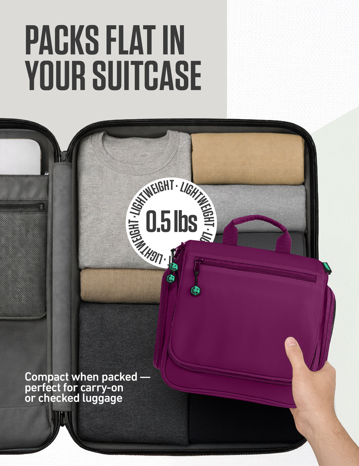Hanging travel toiletry bag that folds for travel, purple case with side hook loop