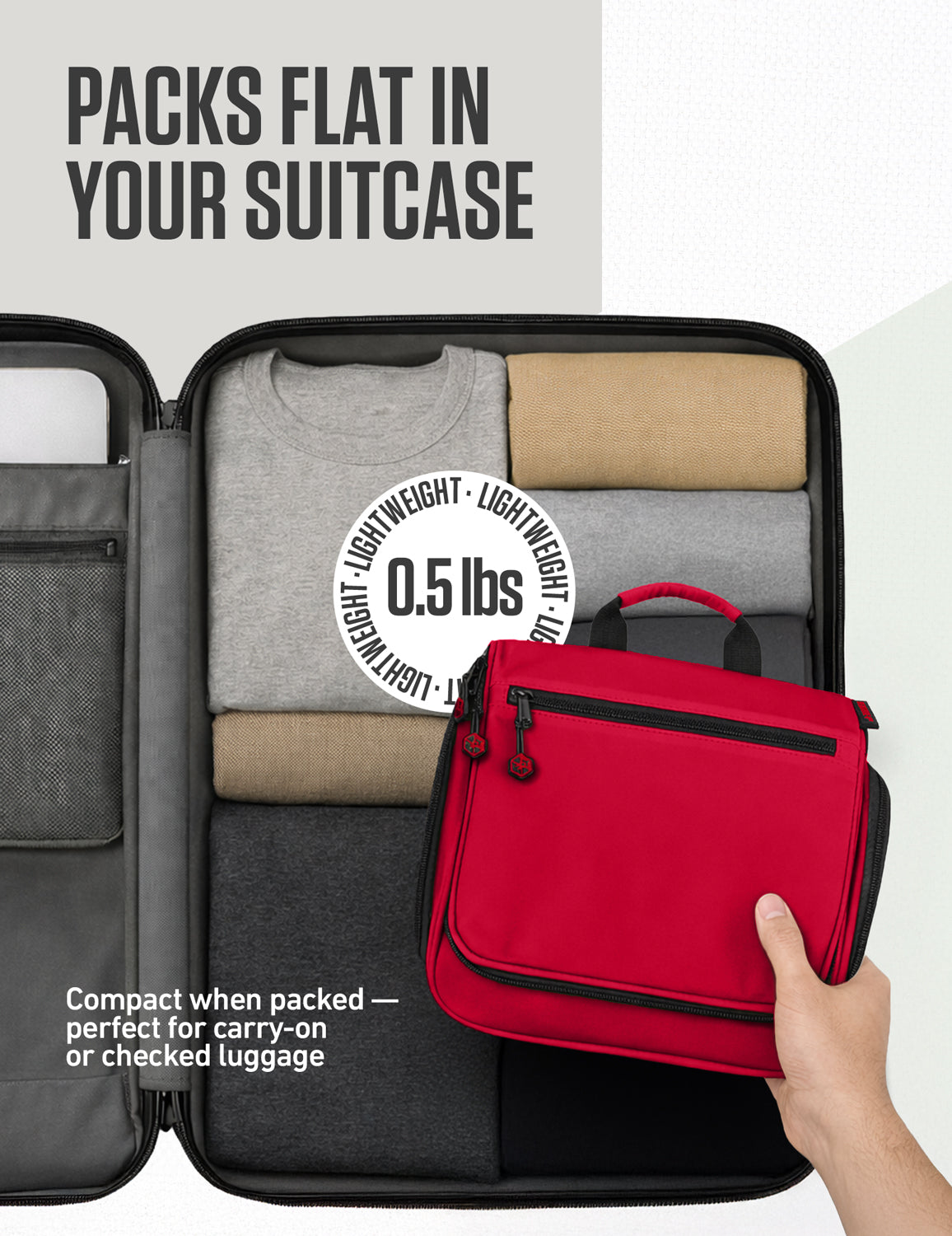 Red hanging toiletry bag with mesh panels and zippered front pocket