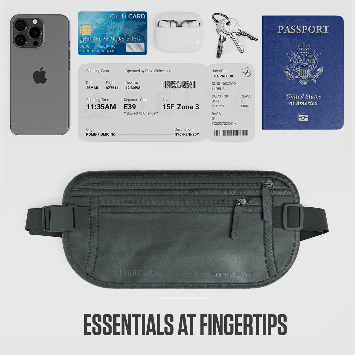 RFID travel money belt, dark gray front pouch with two side loops and strap buckles