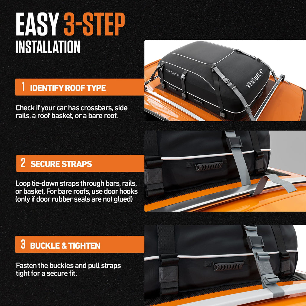 Rooftop cargo carrier installation shown with straps threaded through the roof rack