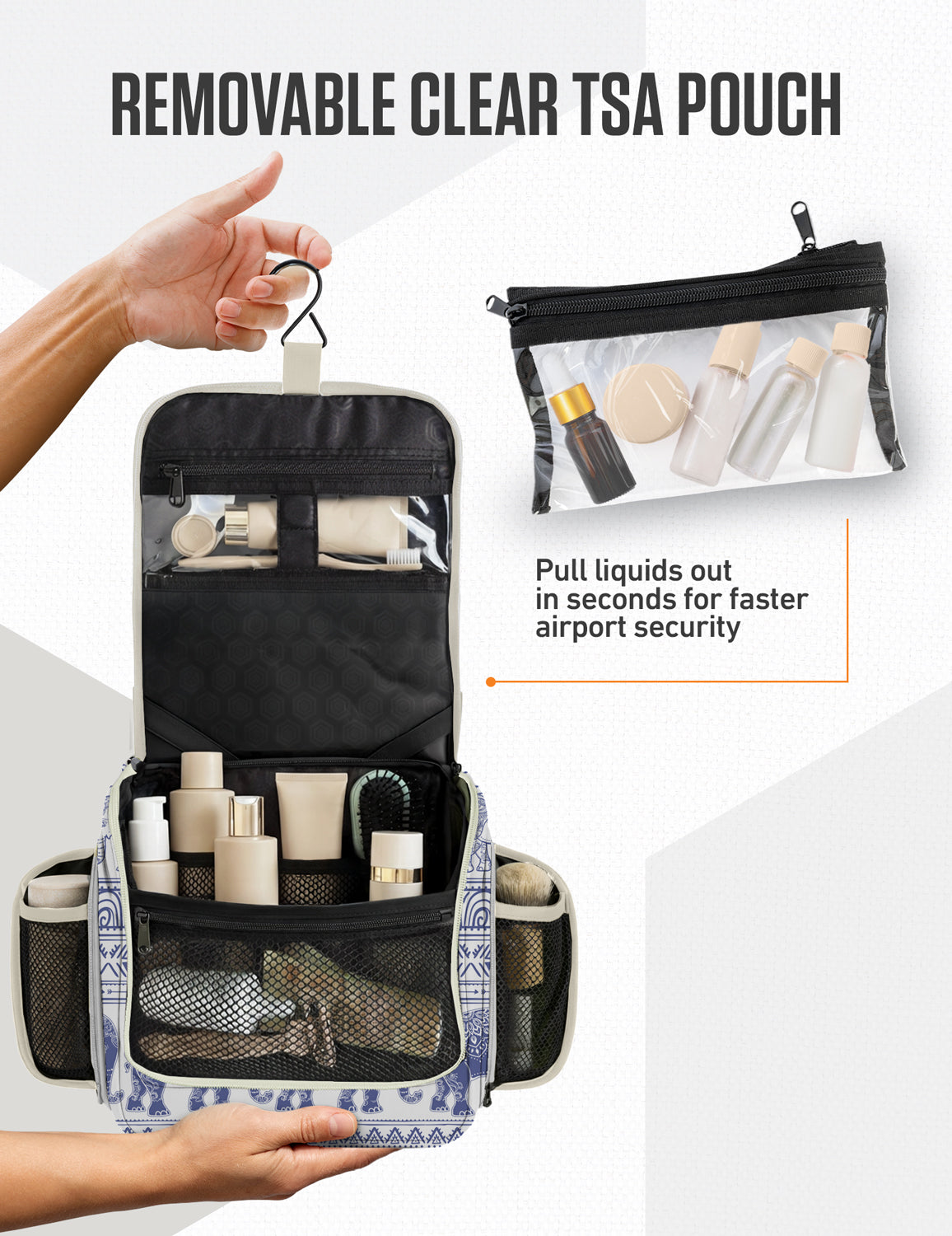 Hanging toiletry bag with removable clear TSA pouch and zippered toiletry storage