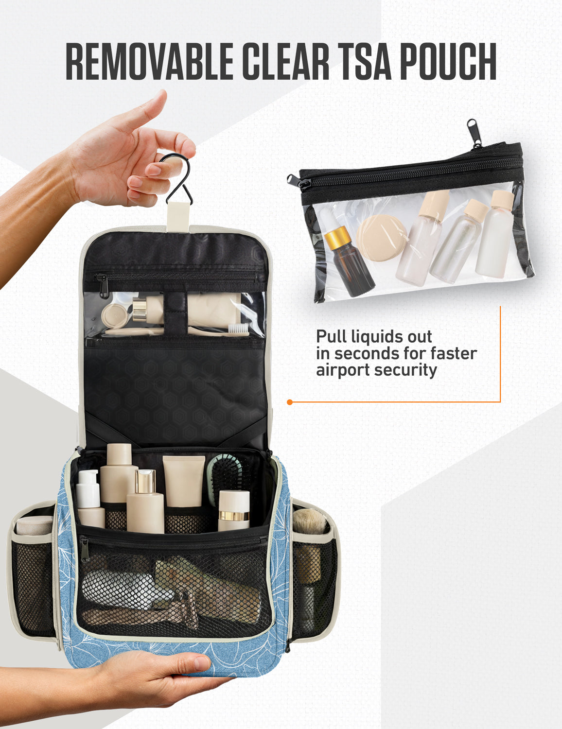 Black hanging toiletry bag with removable clear TSA pouch and zippered compartments