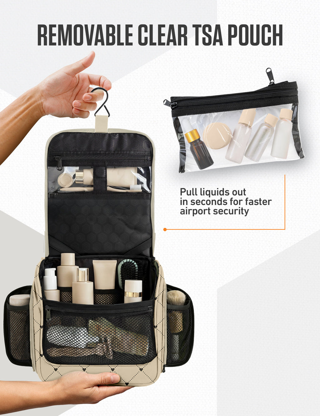 Black hanging toiletry bag with removable clear TSA pouch and zip mesh compartments