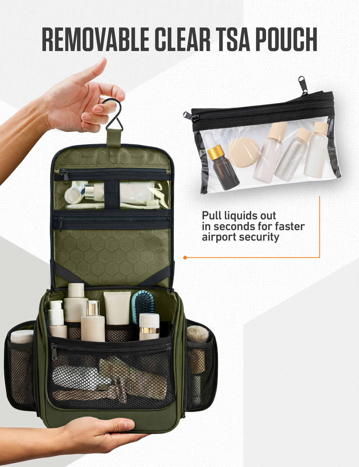 Hanging travel toiletry bag with removable clear TSA pouch, multiple mesh storage pockets