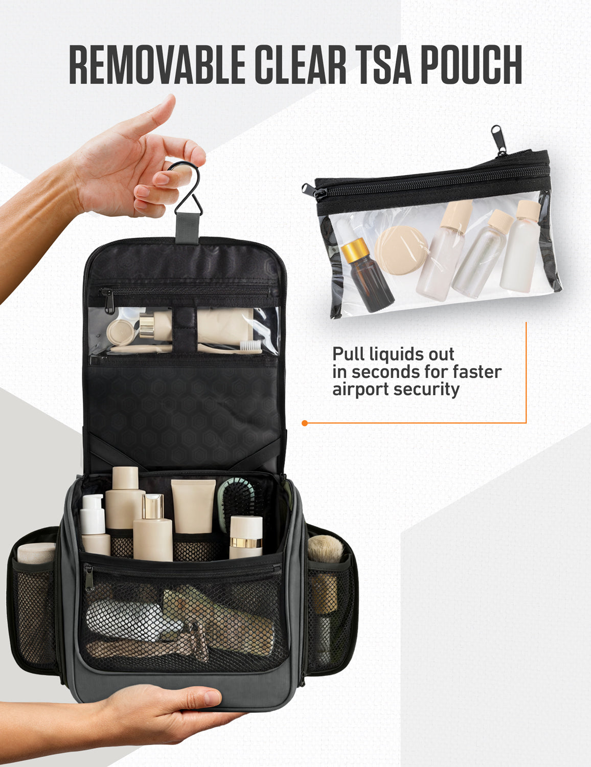 Black hanging toiletry bag with removable clear TSA pouch and multiple inner compartments