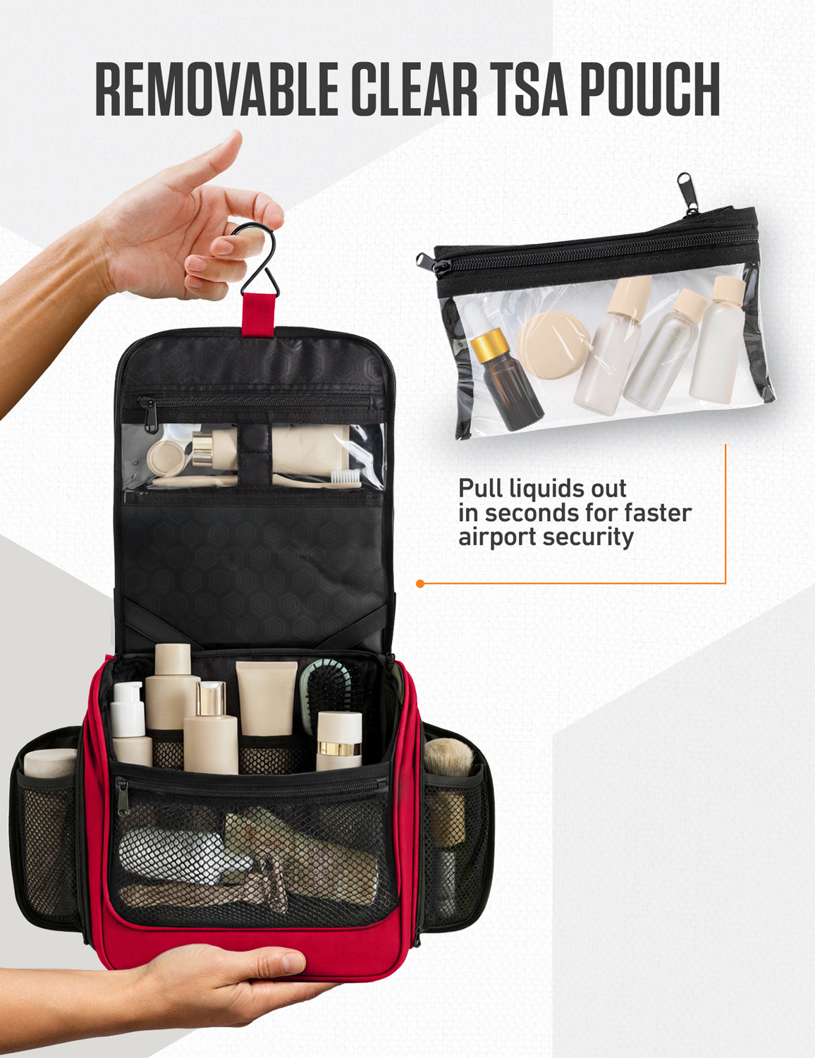 Black hanging toiletry bag with removable clear TSA pouch and mesh organizer
