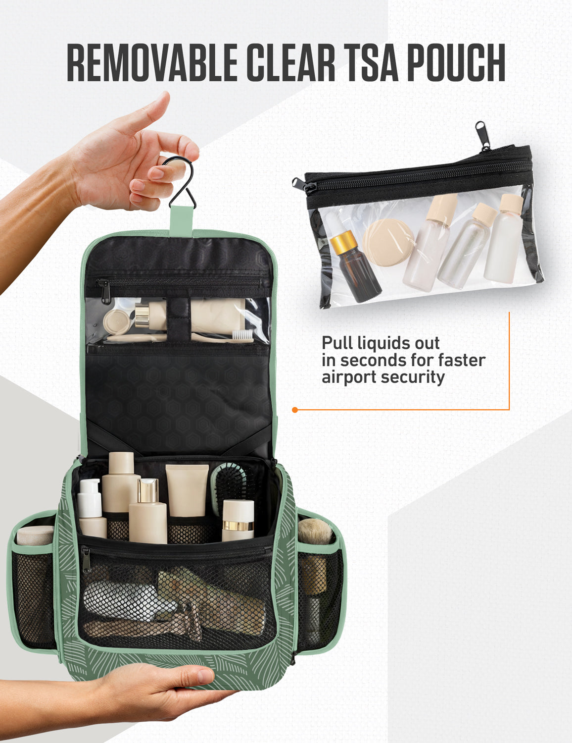Hanging toiletry bag with removable clear TSA pouch and zippered mesh storage