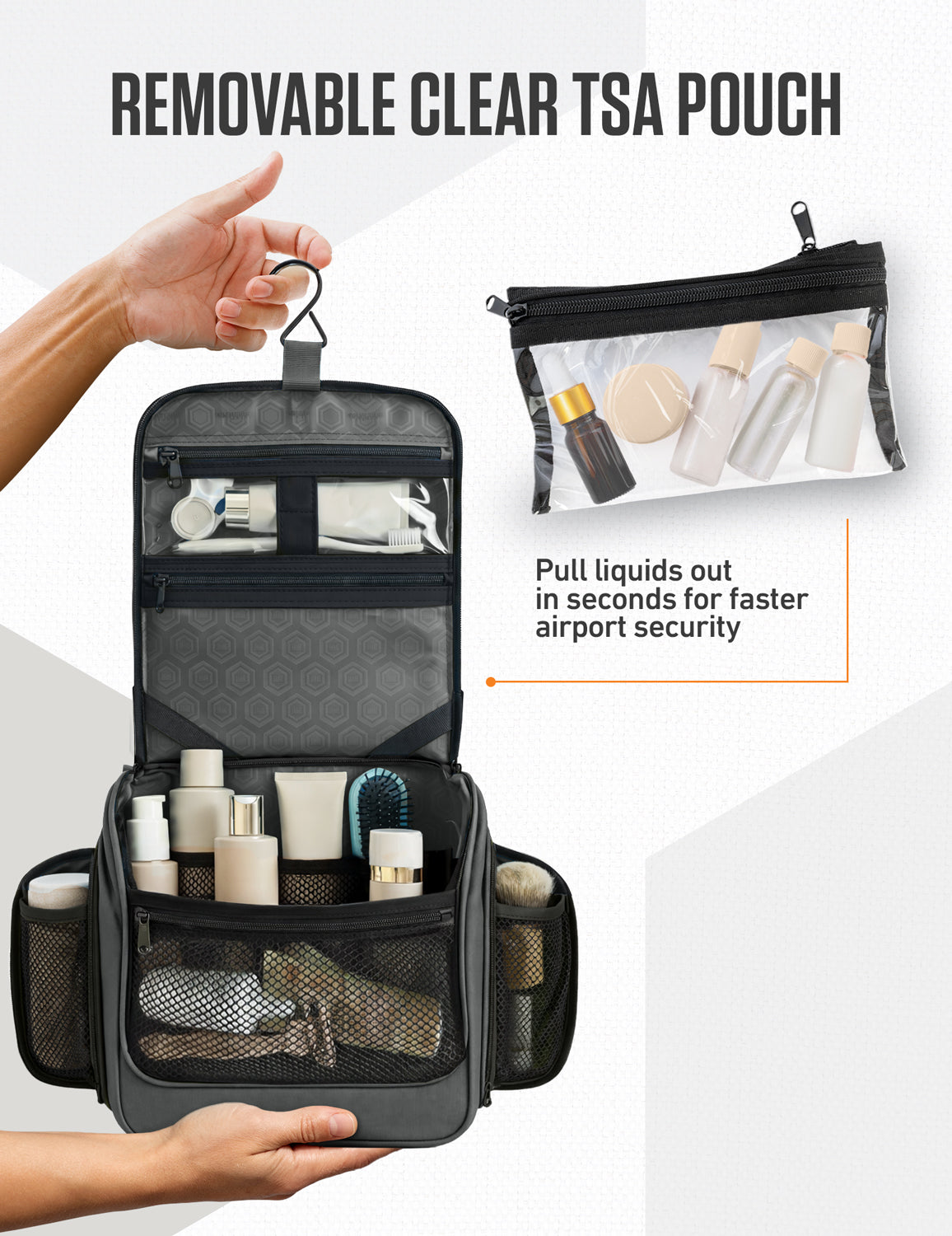 Black hanging toiletry bag with removable clear TSA pouch and mesh organizer compartments