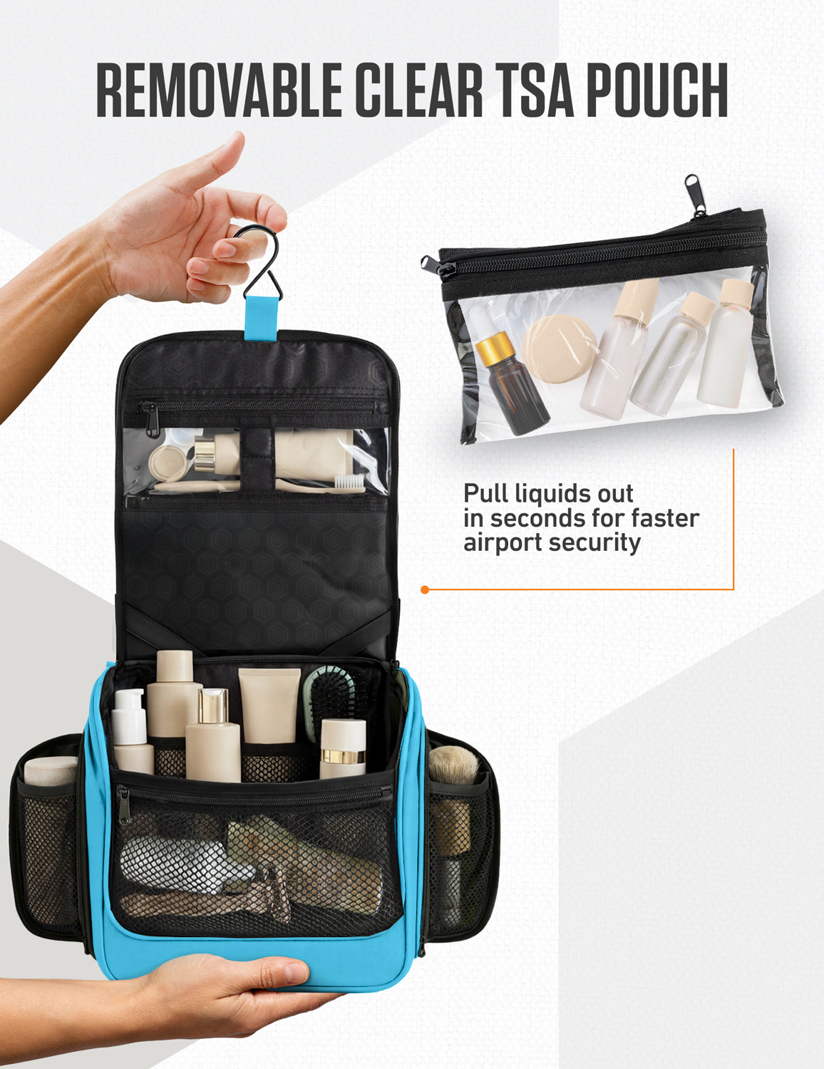 Black and blue toiletry bag with removable clear TSA pouch and mesh compartments