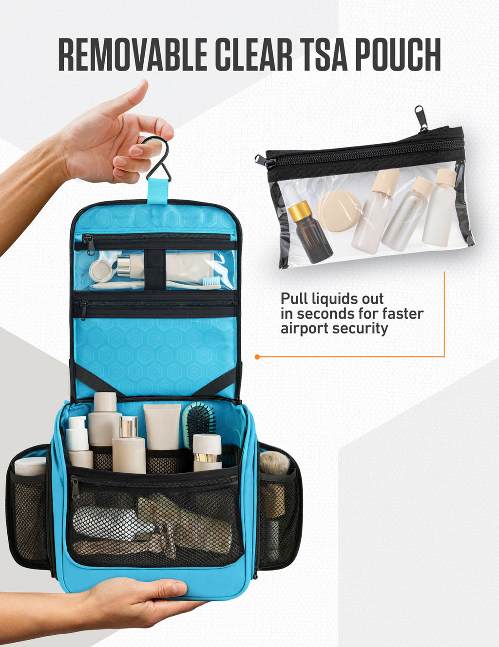 Hanging travel toiletry bag with removable clear TSA pouch and multiple storage compartments