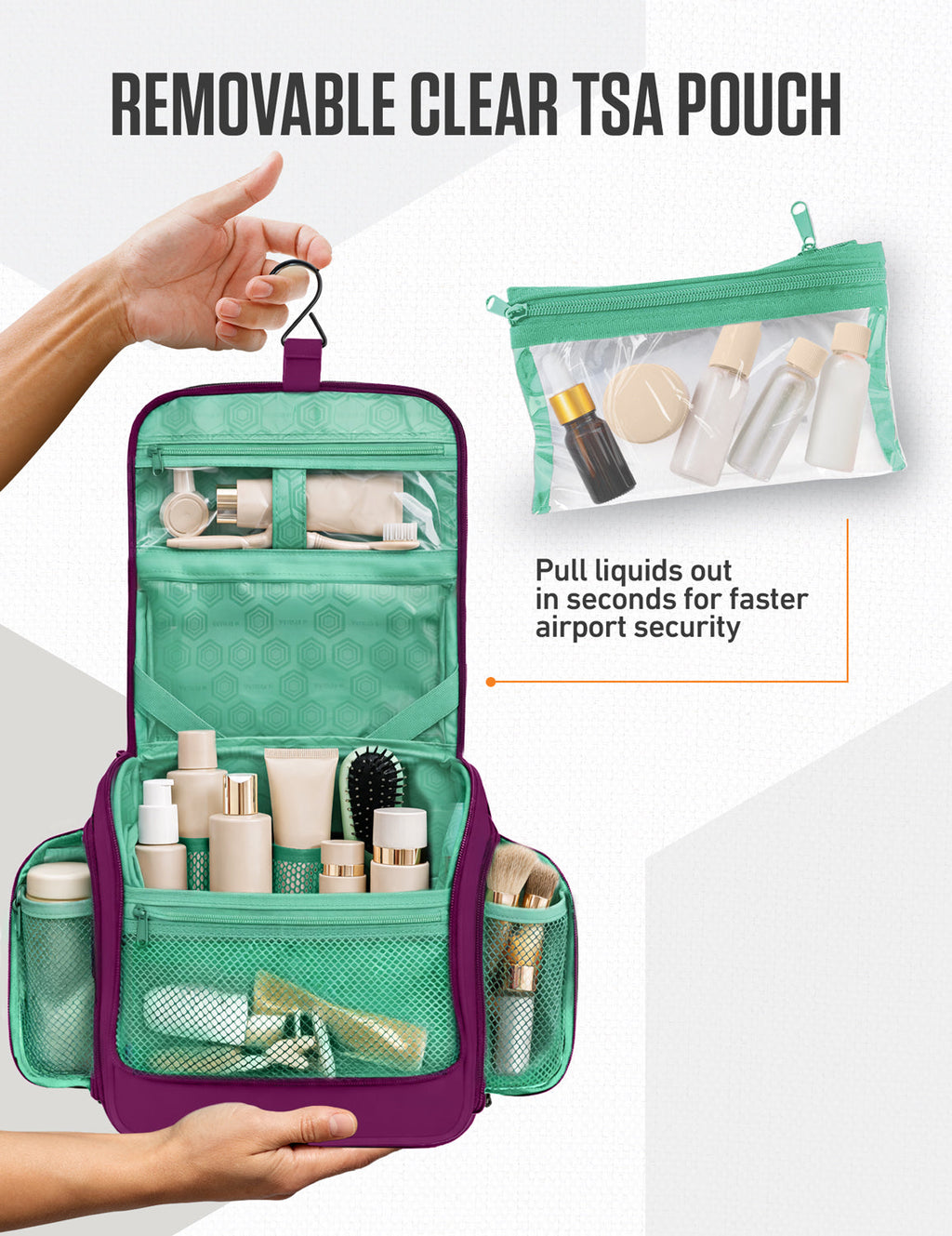 Hanging travel toiletry bag with removable clear TSA pouch, purple bag with green compartments