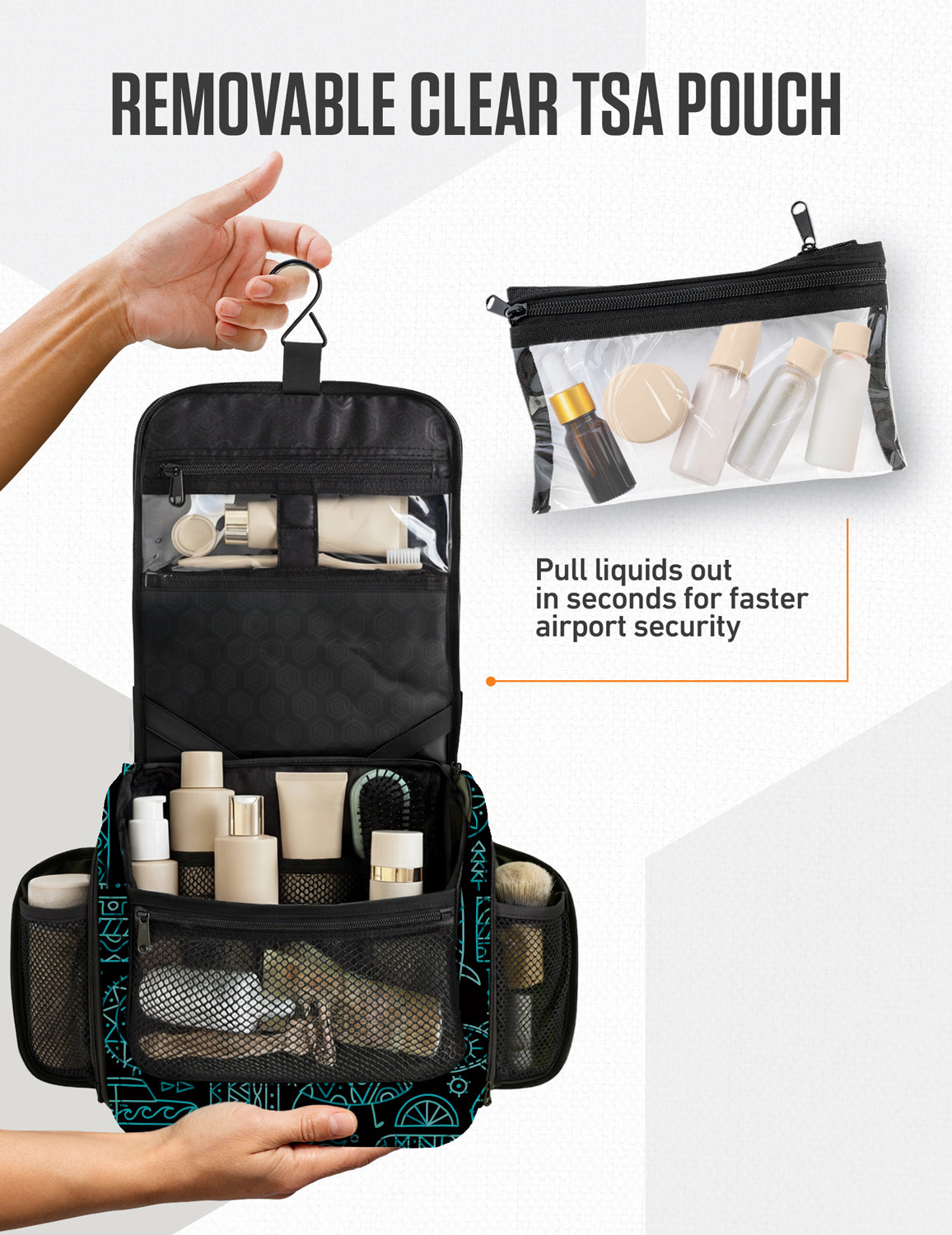 Black hanging toiletry bag with removable clear TSA pouch and zipper pockets
