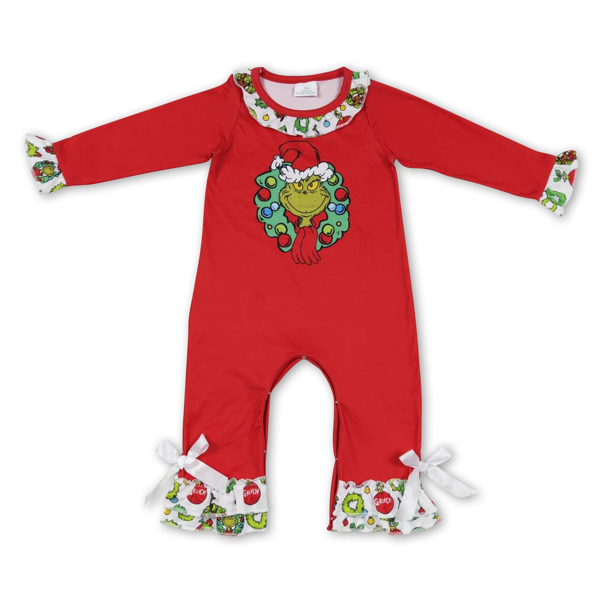 Red baby girls' Christmas romper with a green face, jingle bells, printed trim and white leg bows