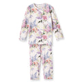 Kids pajama set with crewneck long sleeves and cuffed pants, white floral print.