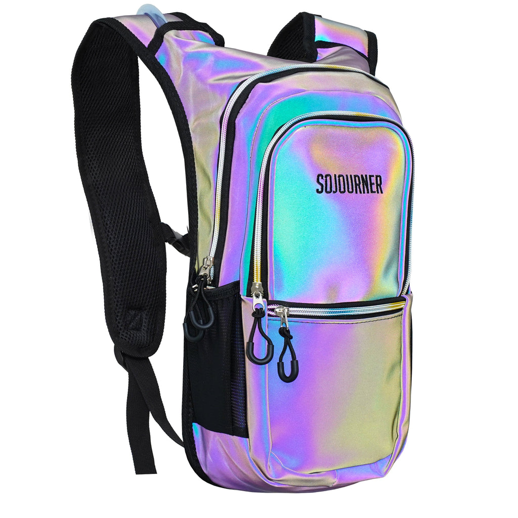 Iridescent holographic hydration backpack with black straps and front zipper pocket
