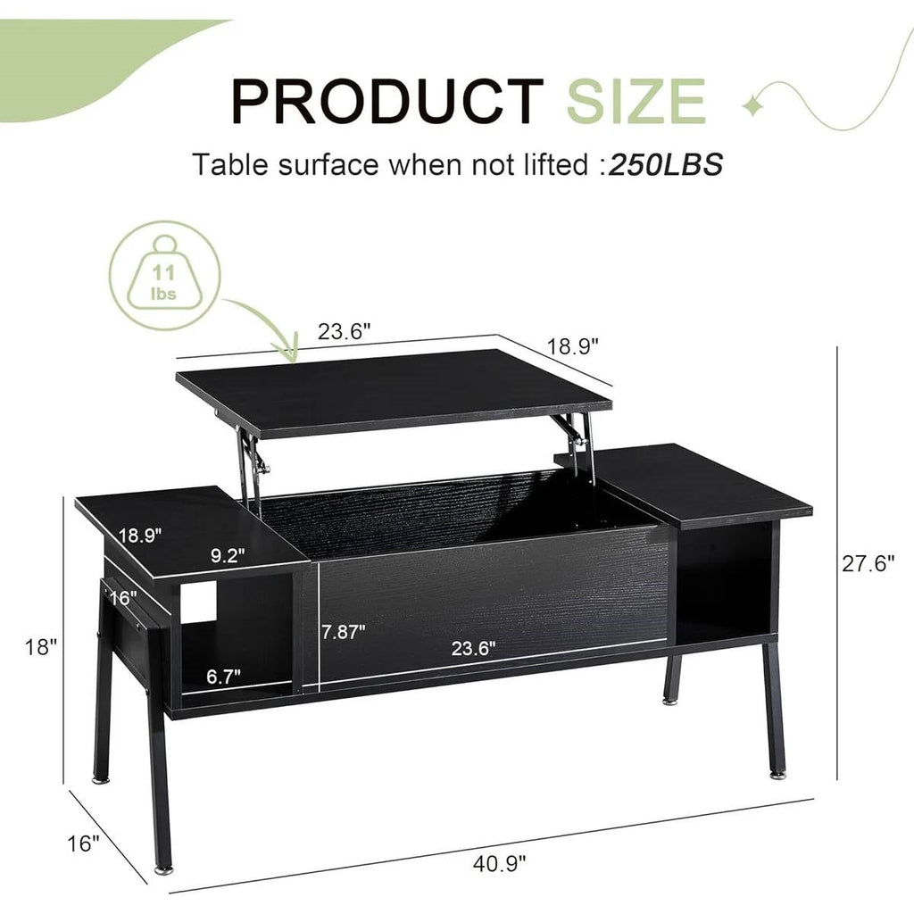 Modern Lift-Top Coffee Table Laptop Desk with Storage Shelf in Black Wood Finish