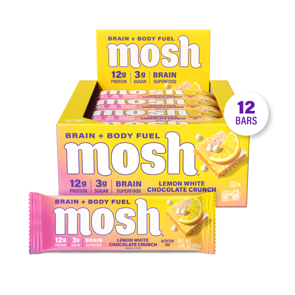 Mosh energy bar multipack box with lemon white chocolate crunch bar wrappers