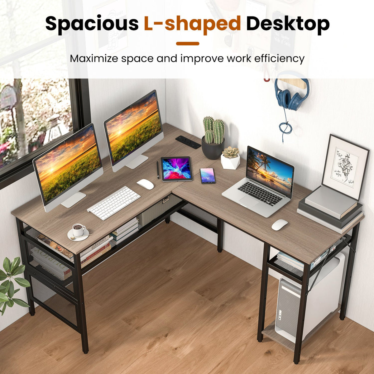 L-shaped desk with gray top and black frame, corner workstation with shelves