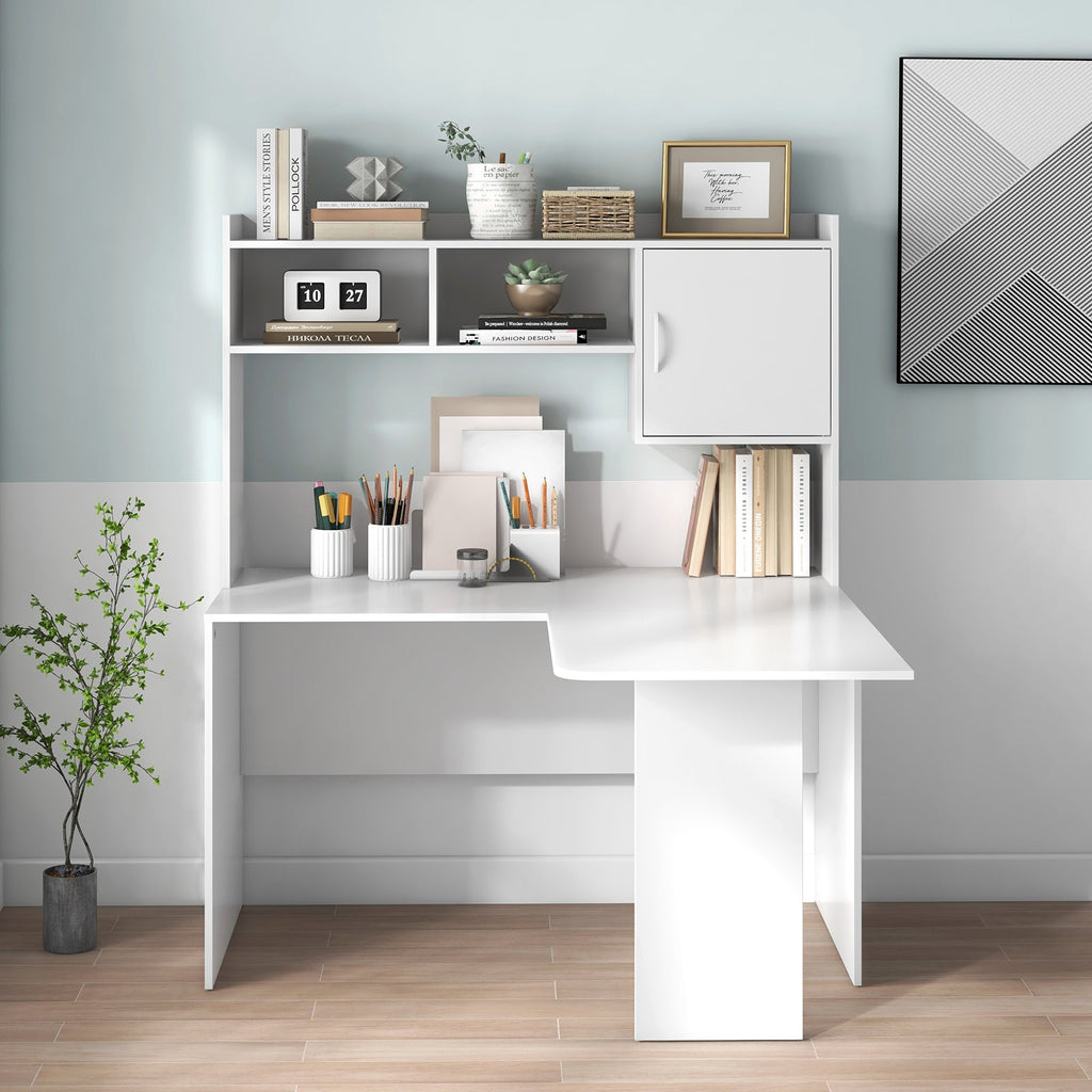 White L-shaped corner desk with open storage hutch and spacious central work area