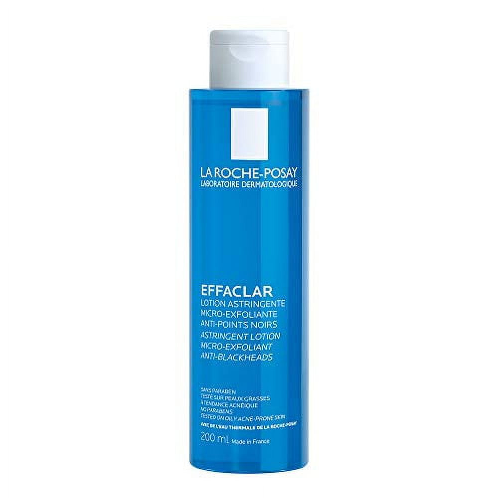 Effaclar face toner bottle back view, blue bottle with white cap