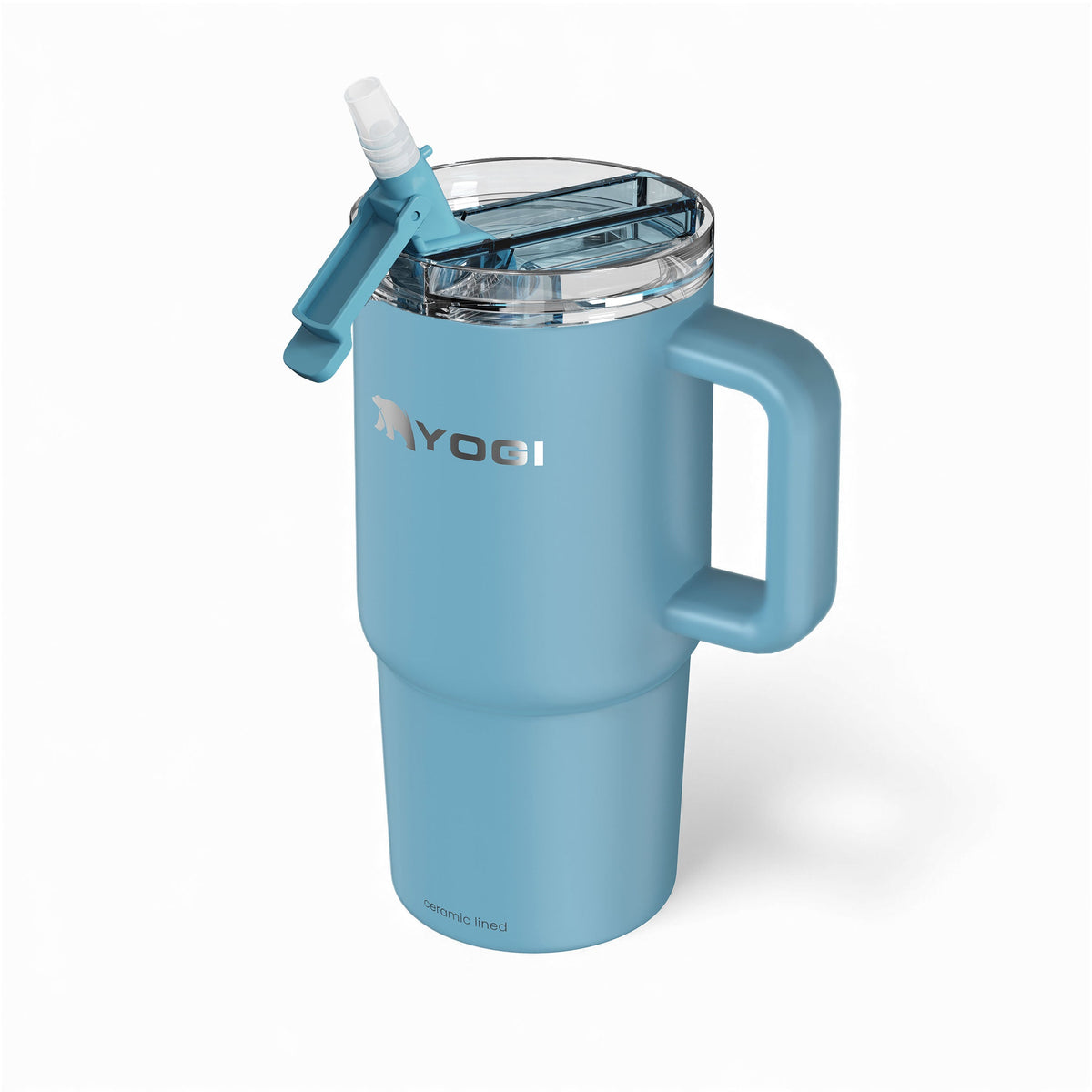 Ceramic-lined evolution tumbler in teal blue with clear open top and straw spout