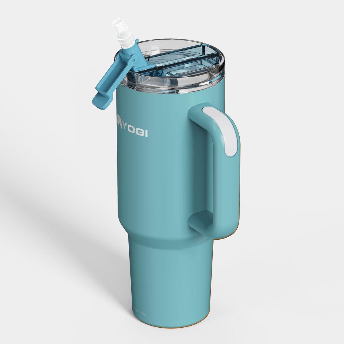 Ceramic-lined tumbler in blue with side handle and clear lid, lid open.