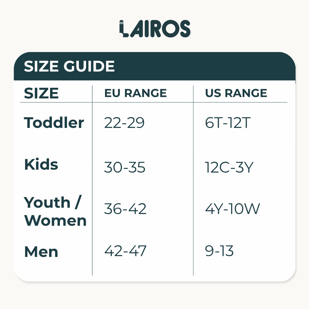 Lairos size guide for socks: EU 22–47 and US 6T–13 ranges for toddlers to men