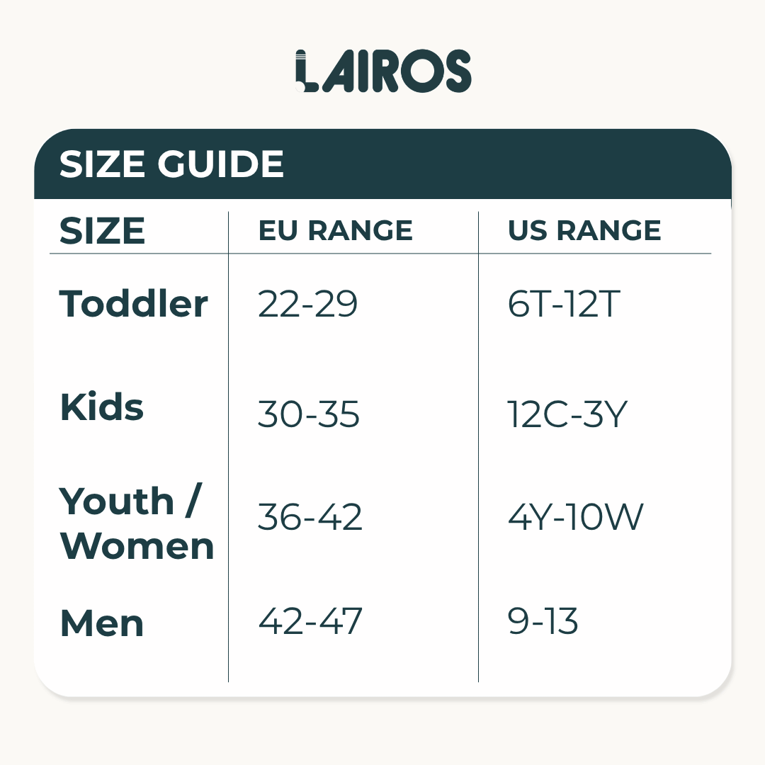 Lairos size guide for socks: EU 22–47 and US 6T–13 ranges for toddlers to men