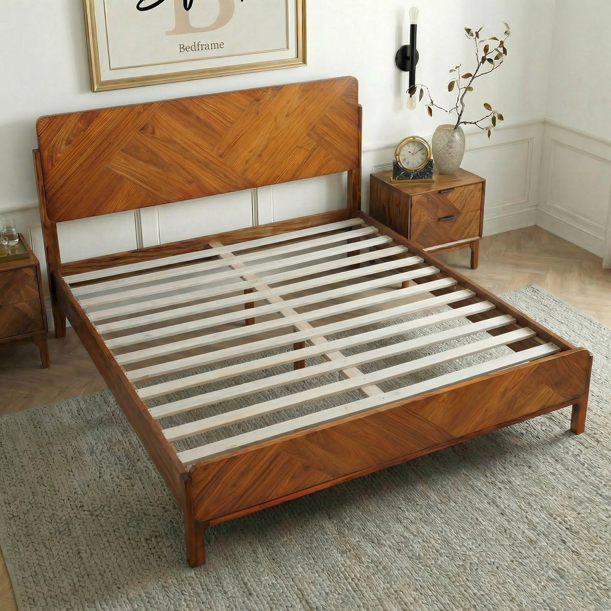Caramel wood bed frame with extra-high headboard and exposed slatted mattress base