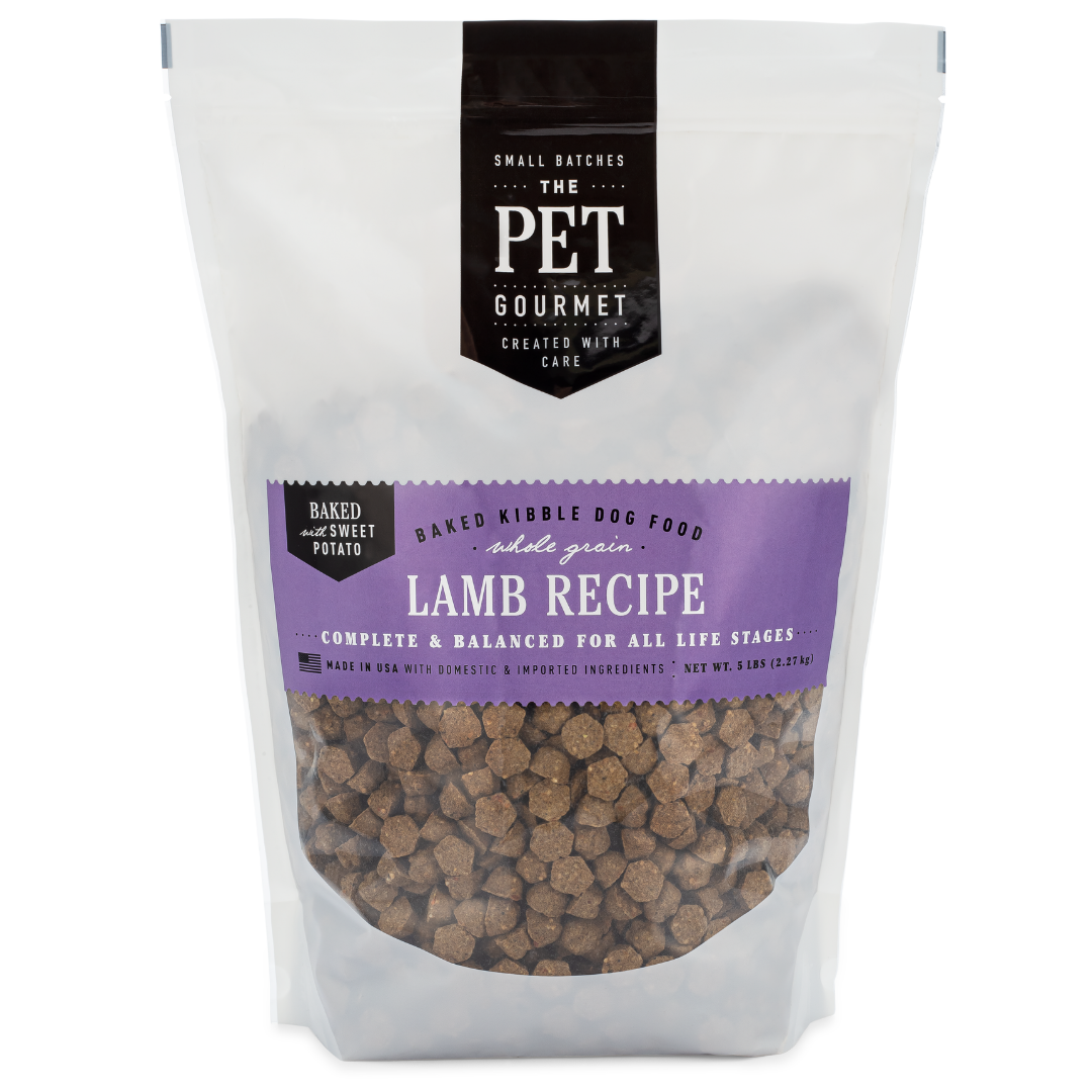 Lamb oven-baked kibble in a resealable white bag with a purple Lamb Recipe label
