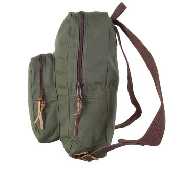 Olive green backpack with front zipper compartments and adjustable shoulder strap