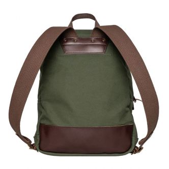 Olive green backpack with brown bottom panel and webbing shoulder straps