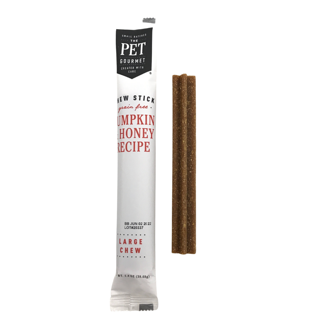 Pet Gourmet pumpkin & honey chew sticks bag with 2 long brown sticks