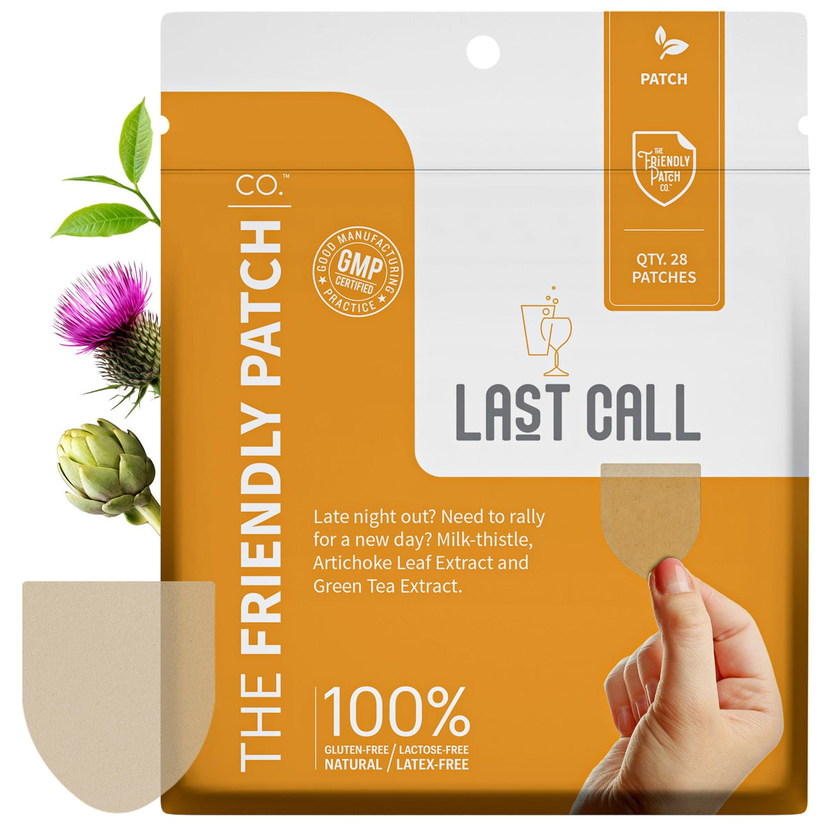 Patch pack pouch with orange Friendly Patch branding, 28-pack label