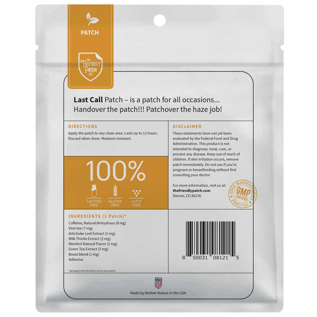 Back of patch pouch with 100% claims, ingredient list, barcode, and directions