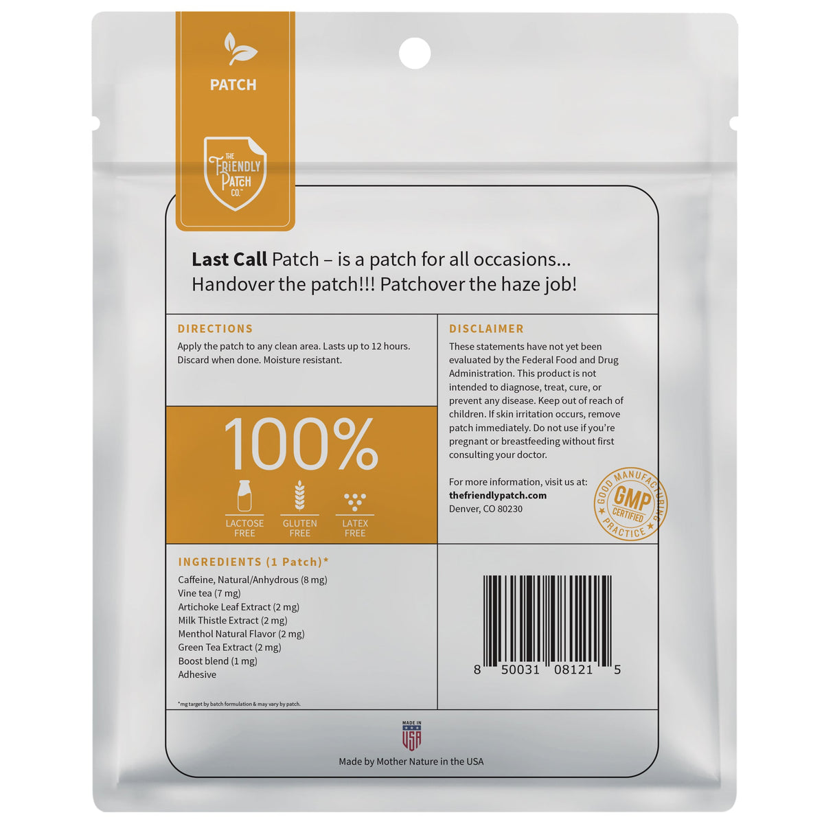 Back of patch pouch with 100% claims, ingredient list, barcode, and directions