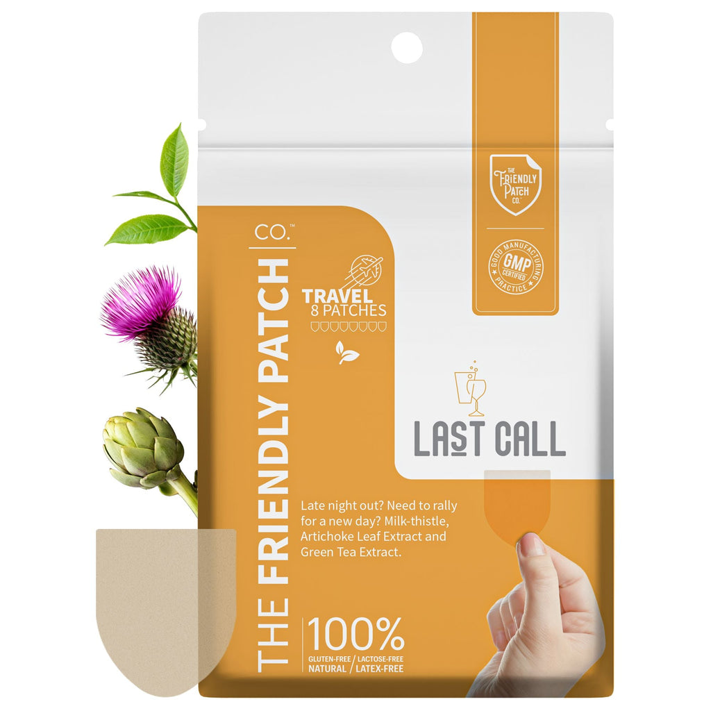 8-pack hangover recovery patch pouch, white and orange packaging