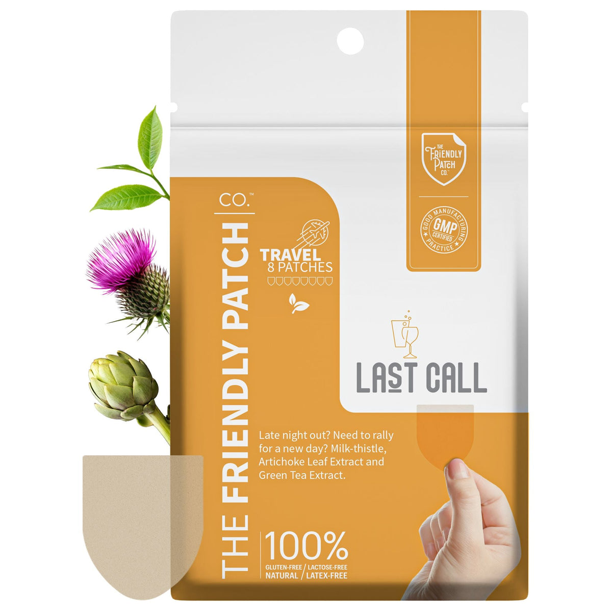 8-pack hangover recovery patch pouch, white and orange packaging