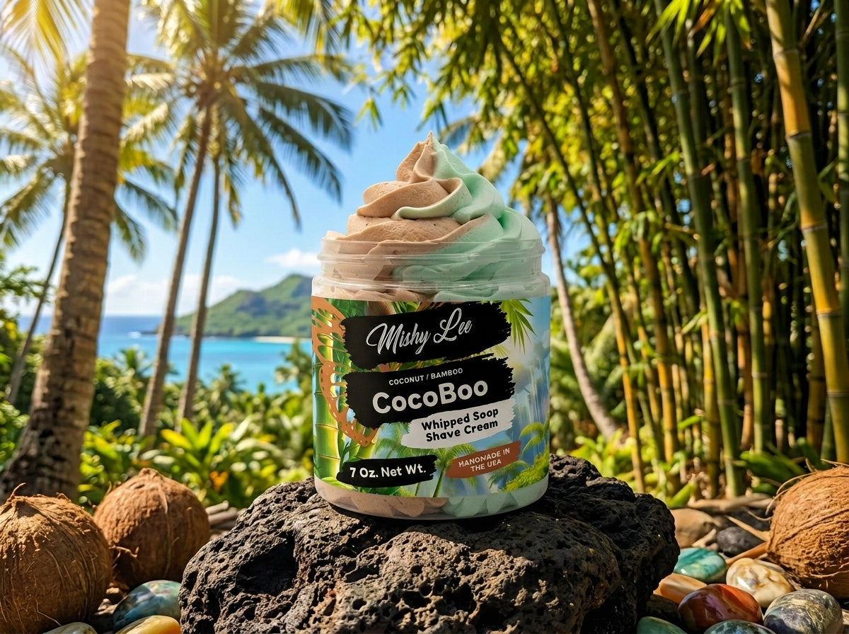 CocoBoo whipped soap and shave cream jar outdoors with tropical plants and rocks