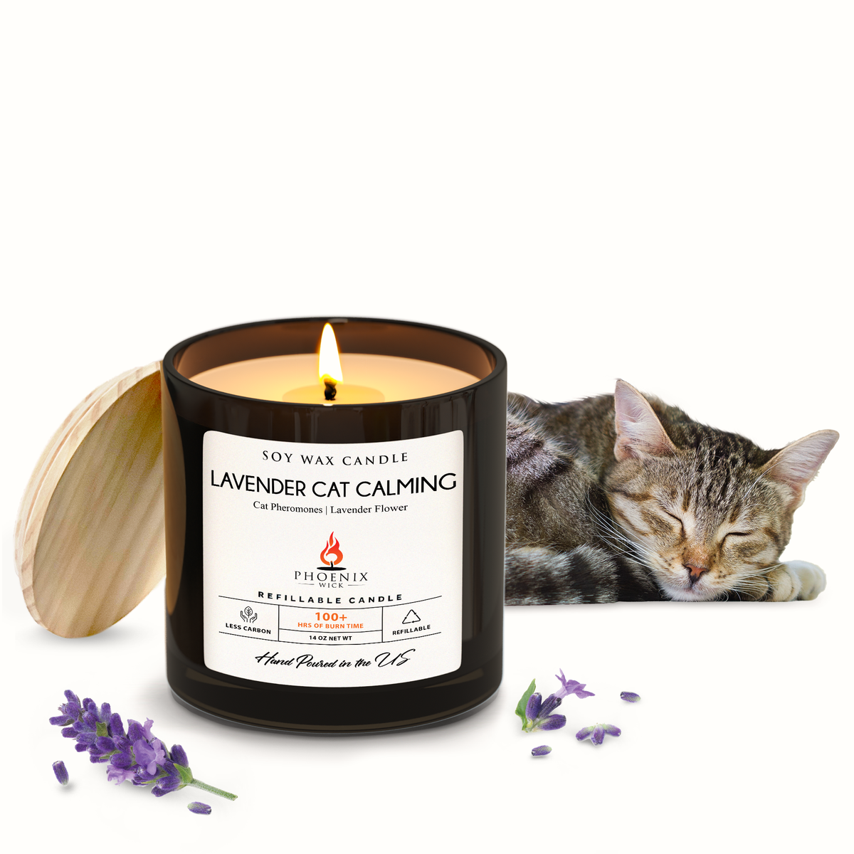 Lavender cat calming candle in black jar with lit wick and refillable label