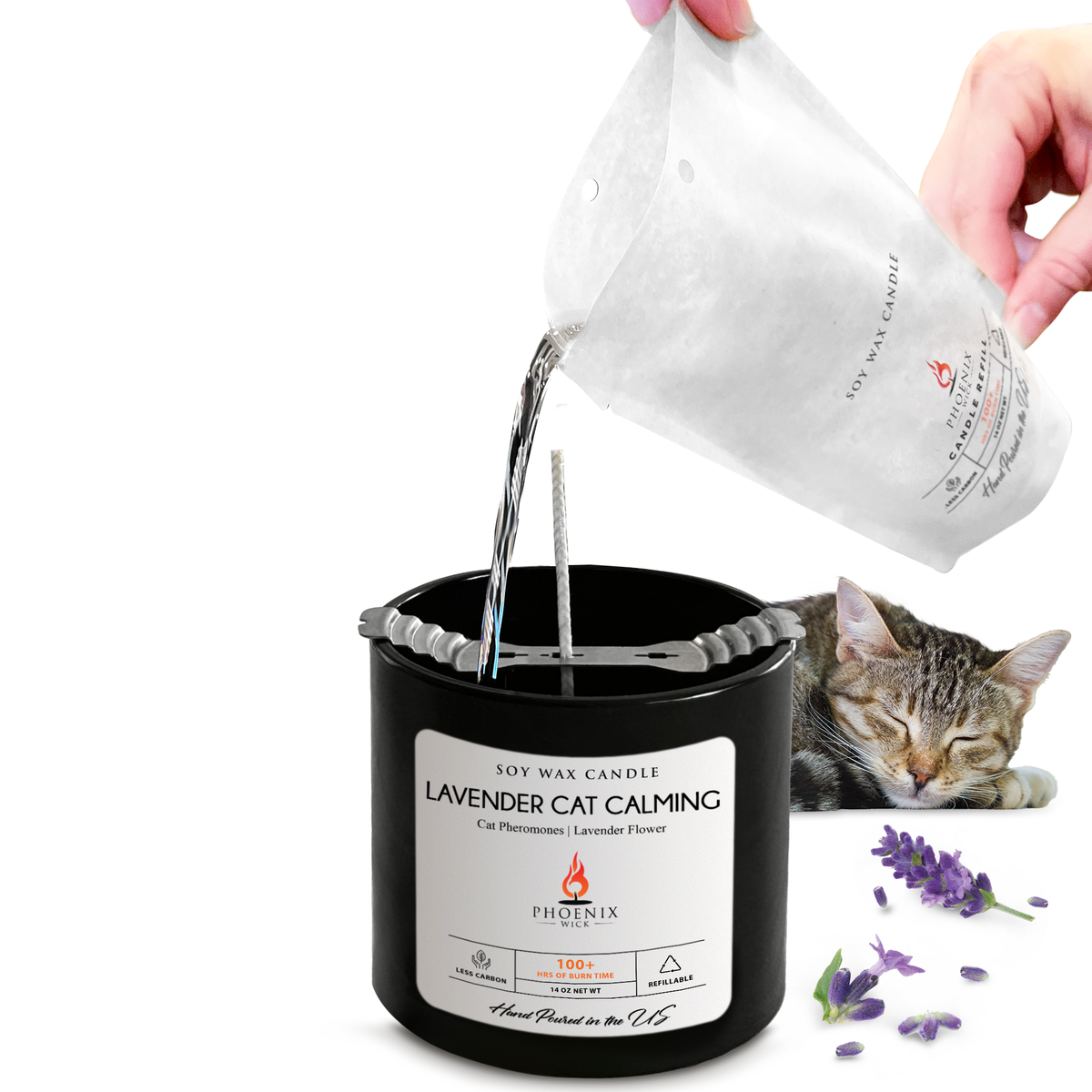 Lavender cat calming soy wax candle in black jar with refill pouch and lavender flowers