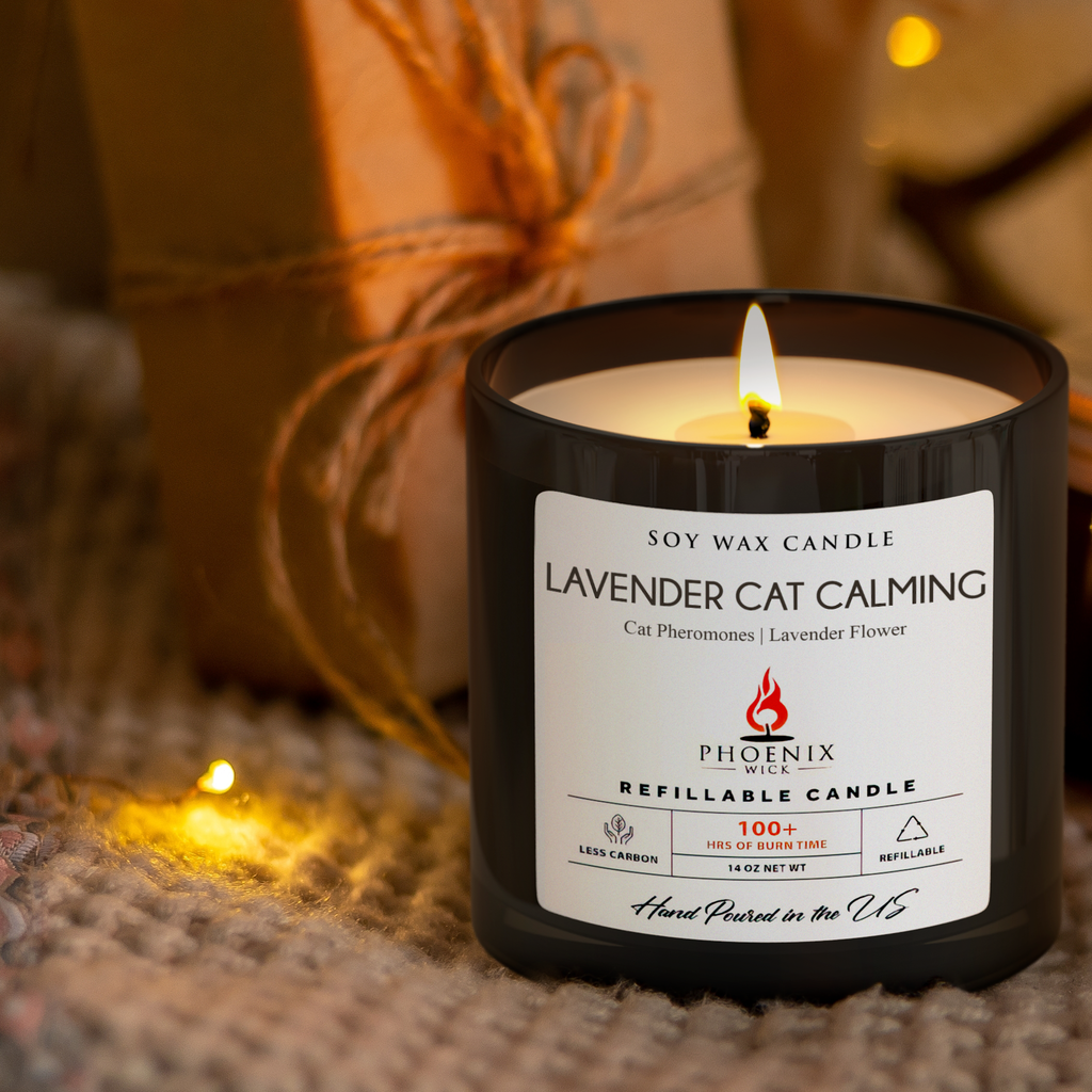 Lavender cat calming soy wax candle in black jar with flame and label