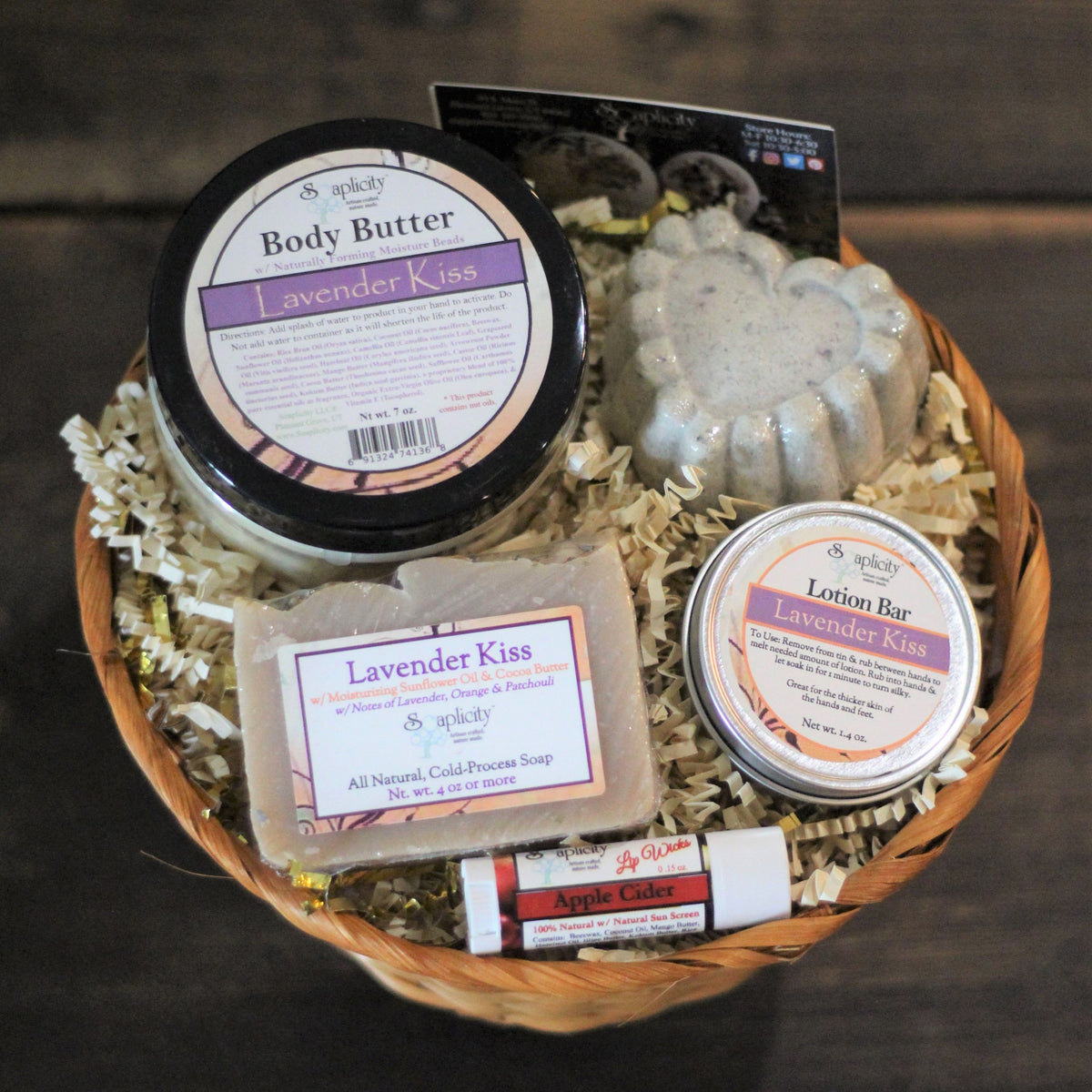 Medium Scentastic gift set basket with Lavender Kiss body butter, lotion bar, and soap