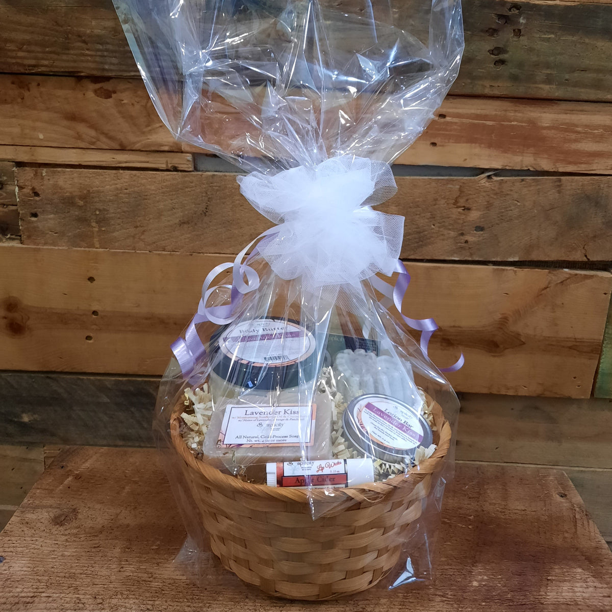 Medium Scentastic gift set basket wrapped in clear plastic with Lavender Kiss body butter