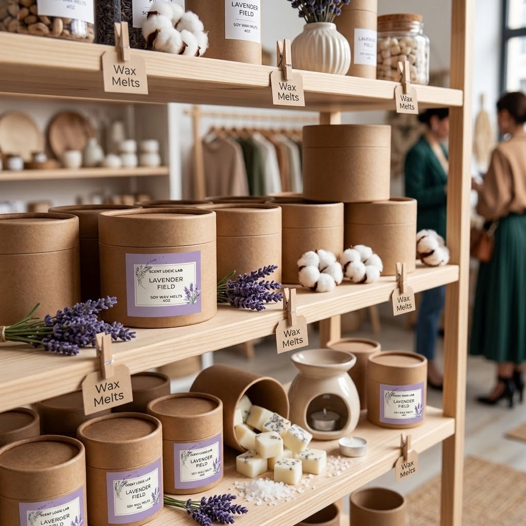 Assorted lavender wax melts display with labeled jars and cubes on wooden shelves