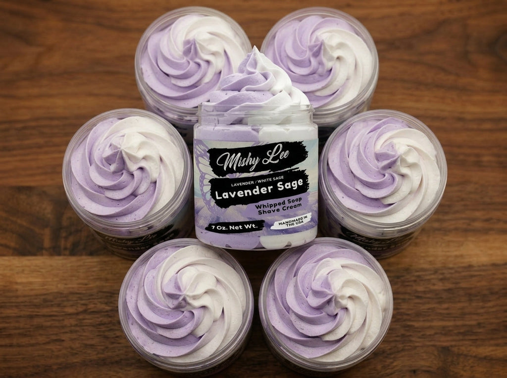 Six small containers filled with lavender and white whipped soap swirls