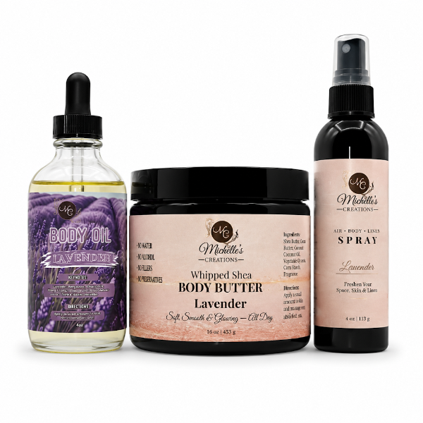 Body oil, whipped shea body butter, and body mist spray set—Lavender