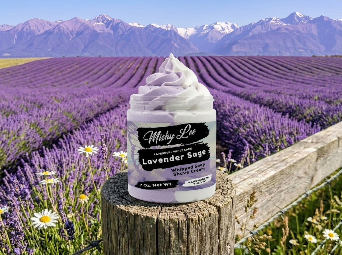 Lavender Sage whipped soap and shave cream jar on a wooden post with lavender field