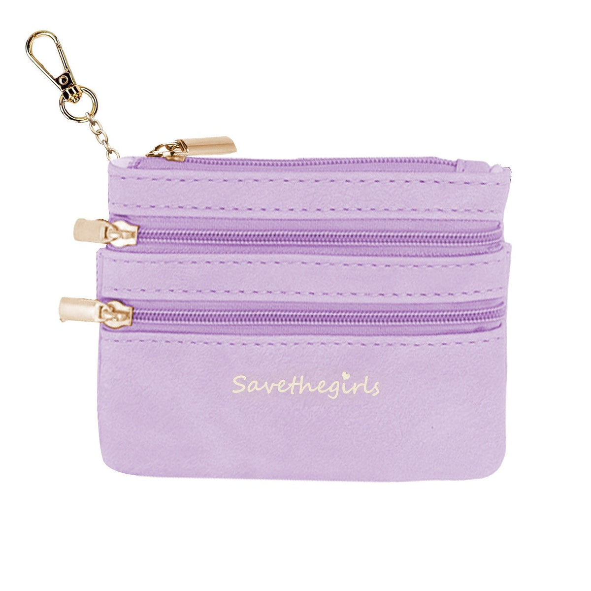 Lavender zippered pouch with three zipper compartments and metal keychain ring